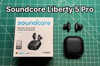 Anker Soundcore Liberty 5 Pro wireless noise cancelling earbuds next to charging case and original box packaging