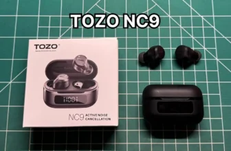 TOZO NC9 wireless noise cancelling earbuds next to charging case and original box packaging