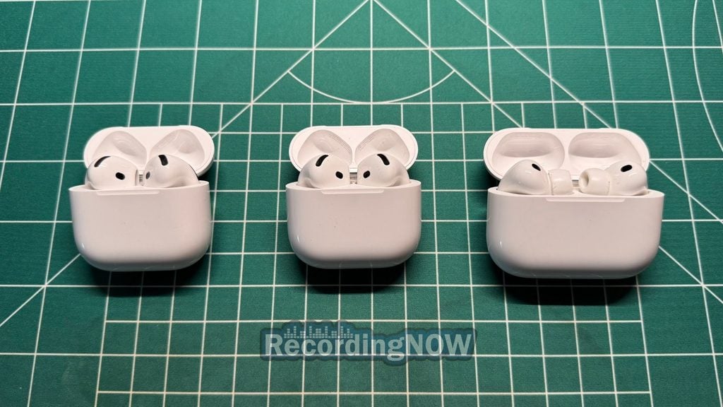 Apple AirPods 5, AirPods 4 ANC, and AirPods Pro 3 charging case side by side comparison