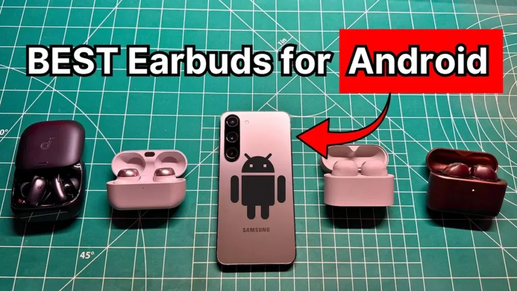 Samsung Galaxy S23 Smartphone next to several wireless noise cancelling earbuds