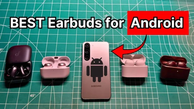 Samsung Galaxy S23 Smartphone next to several wireless noise cancelling earbuds