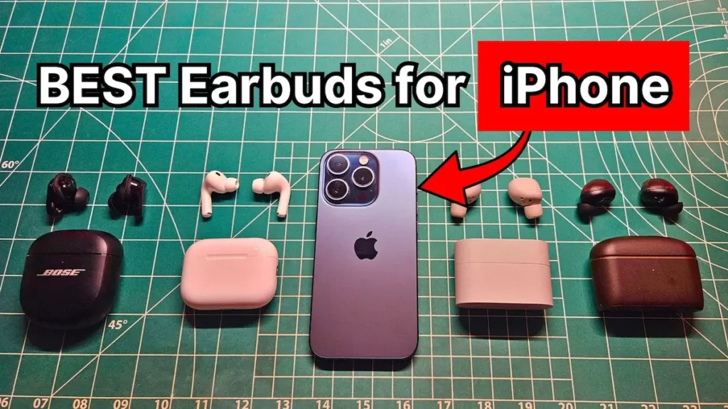 Apple iPhone 15 Pro next to AirPods Pro 3 and several wireless noise cancelling earbuds