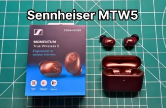 Sennheiser Momentum True Wireless 5 earbuds in copper next to original box packaging