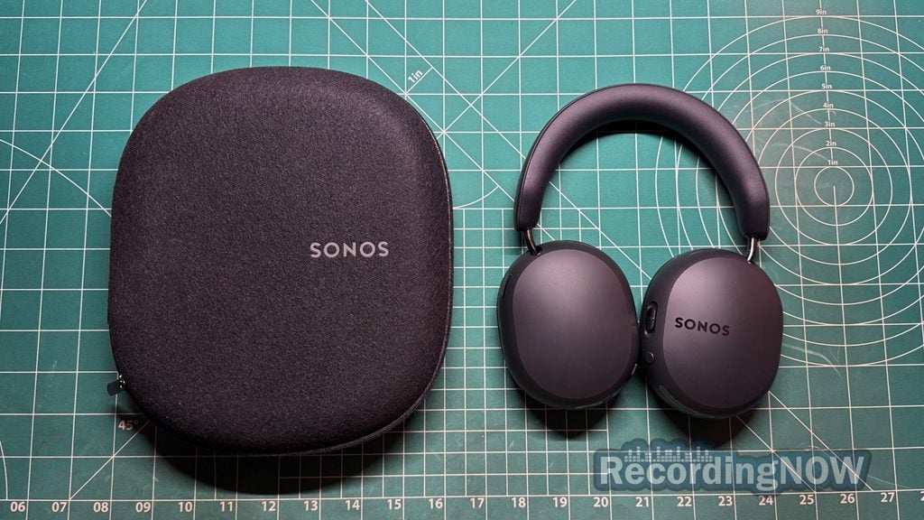 Sonos Ace Ultra headphones next to included hardshell travel case