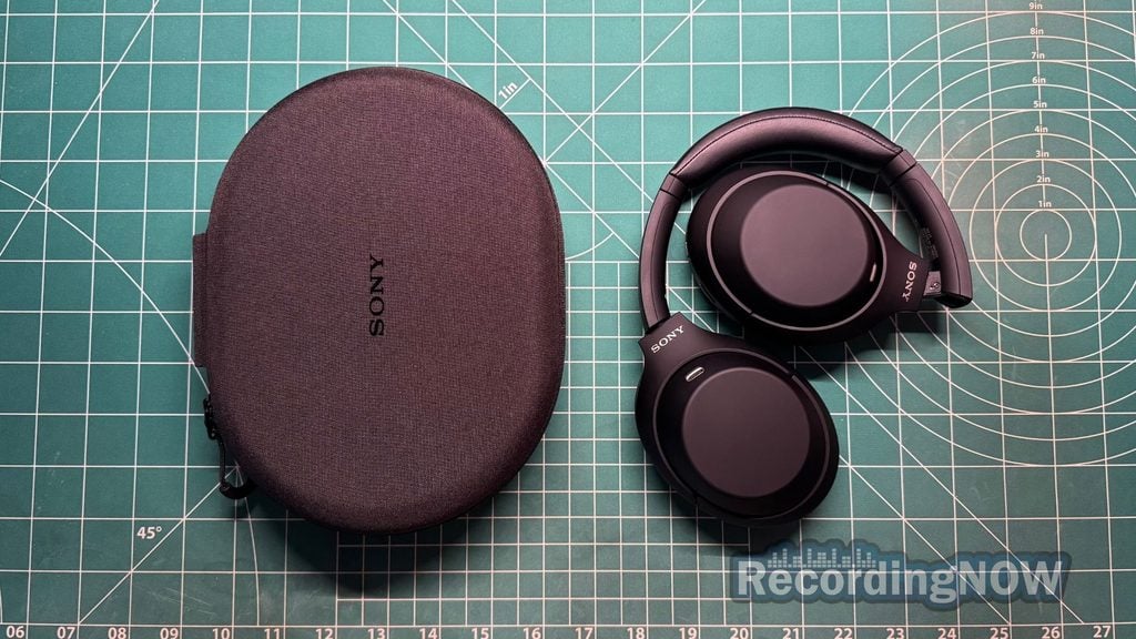 Sony WH-1000XM4C next to included hardshell case