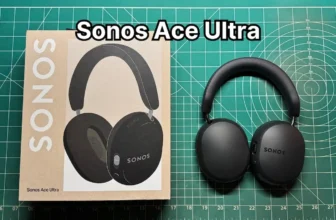 Sonos Ace Ultra headphones in black next to box packaging