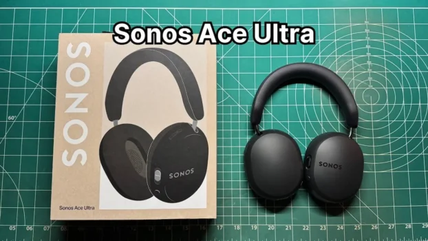 Sonos Ace Ultra headphones in black next to box packaging