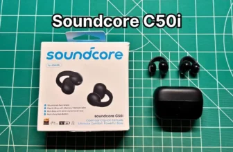 Anker Soundcore C50i wireless clip on earbuds next to charging case and box packaging