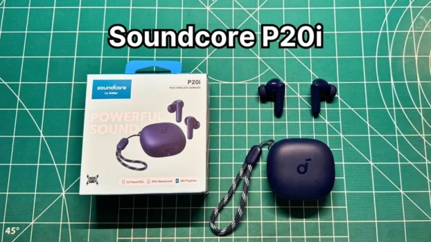 Anker Soundcore P20i wireless earbuds next to original box packaging