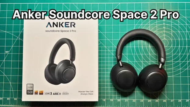 Anker Soundcore Space 2 Pro headphones in black next to box
